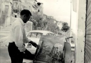 Michele Rosa mentre ritrae il paesaggio dal vero - 1960